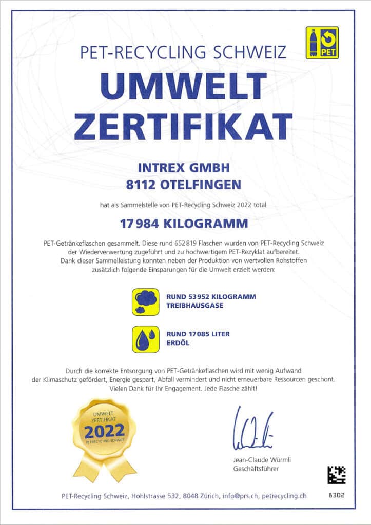 PET-Recycling Zertifikat 2022